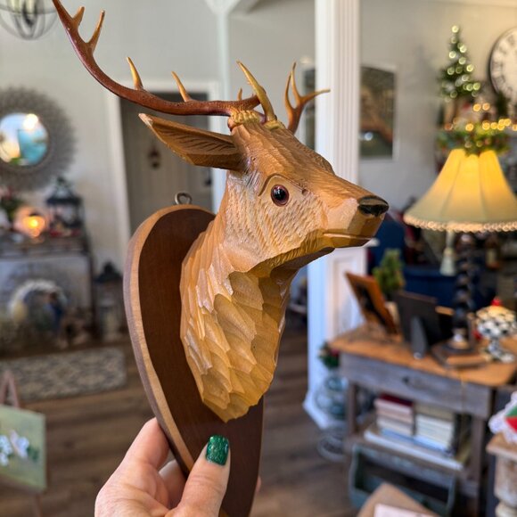 Vintage Carved Wood Deer Head Faux Taxidermy - Picture 7 of 12